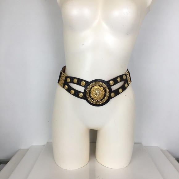 Vintage Lion Head Gold Tone Wide Statement Belt Black Croc Embossed - Picture 11 of 12